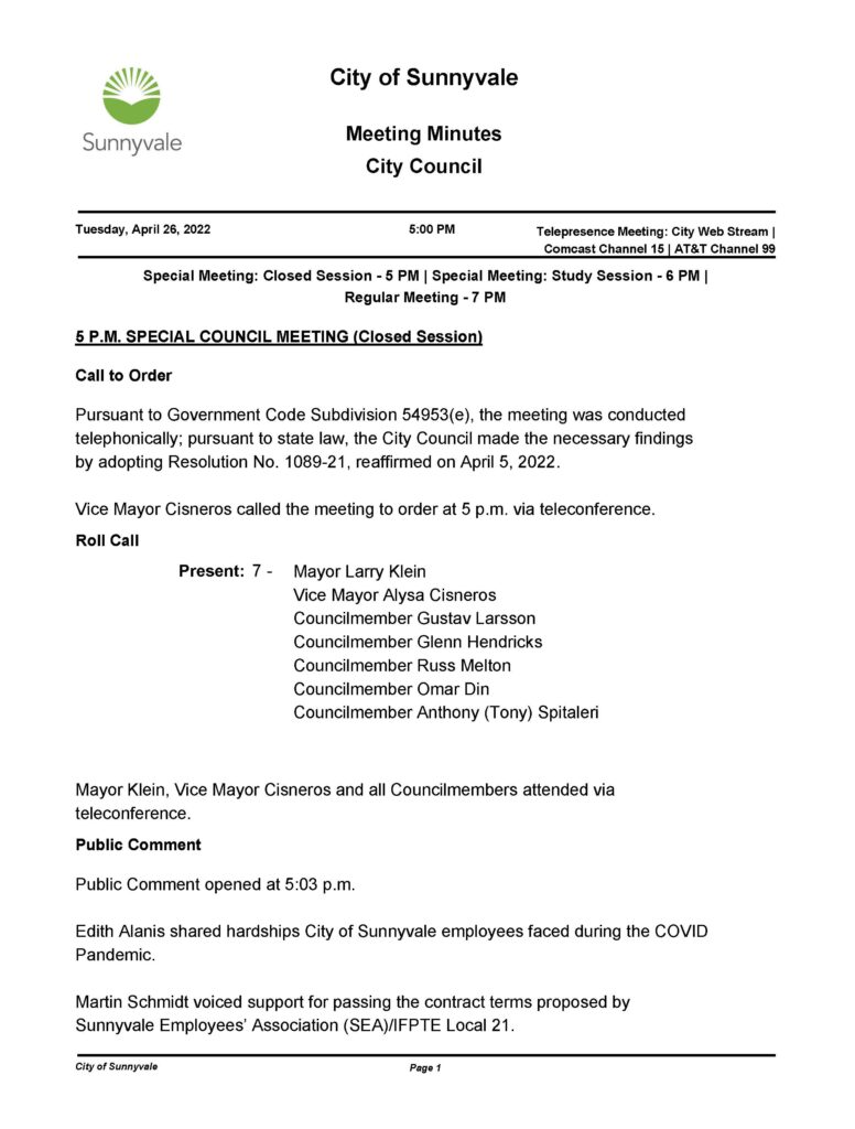 Sunnyvale city council 4-26-2022 meeting minutes page 1