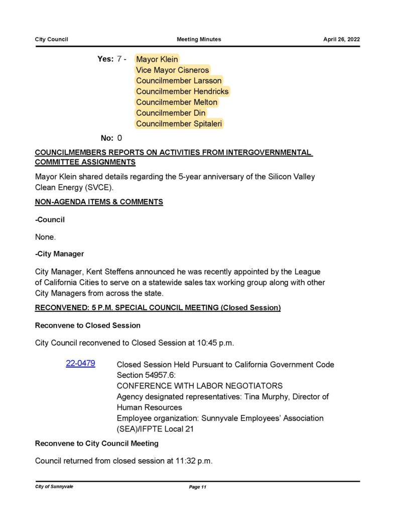 Sunnyvale city council 4-26-2022 meeting minutes page 11